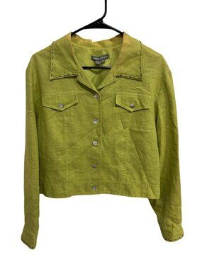 Kelly & Diane Sz 14 Notched Collar Lime Green Linen Jacket Tropical Coastal